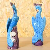 Mid Century Chinise Pair of Turquoise Porcelain Peacocks 50s