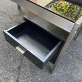 Vintage desk in smoked glass and brushed steel. 1970. Suspended box