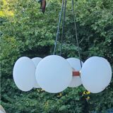 Scandinavian teak and white opaline chandelier with 6 lights from the 70s