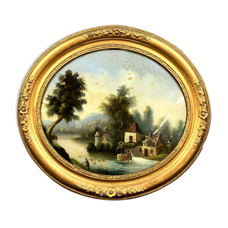 fixed under glass has oval view louis era Philip around 1830 animated lakescape
