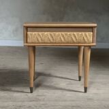 Vintage oak and rattan bedside table