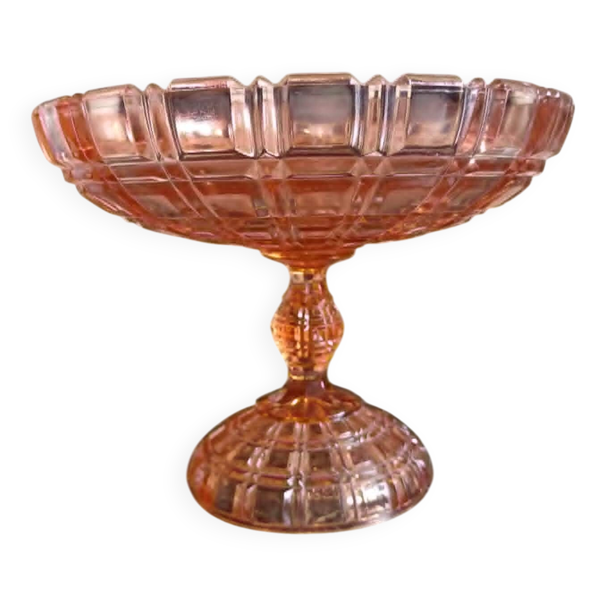 Coupe sur pied ancienne en verre rose portieux – vintage / art déco