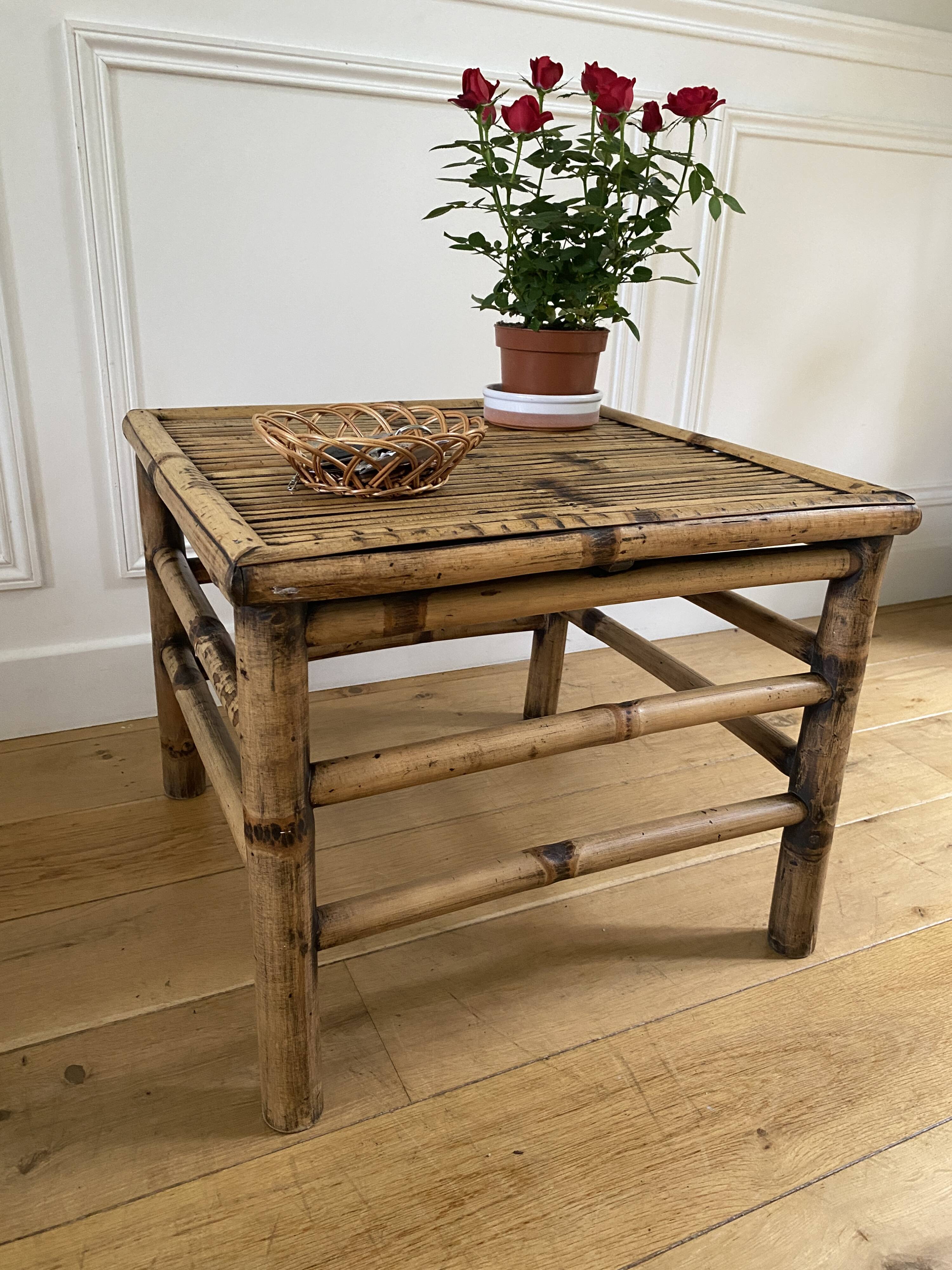 Vintage square bamboo coffee table, H. 38cm W. 47cm D. 47cm