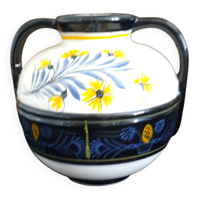 Ancien Petit Vase Boule Henriot Quimper à Anses Décor Floral Peint Main 12c