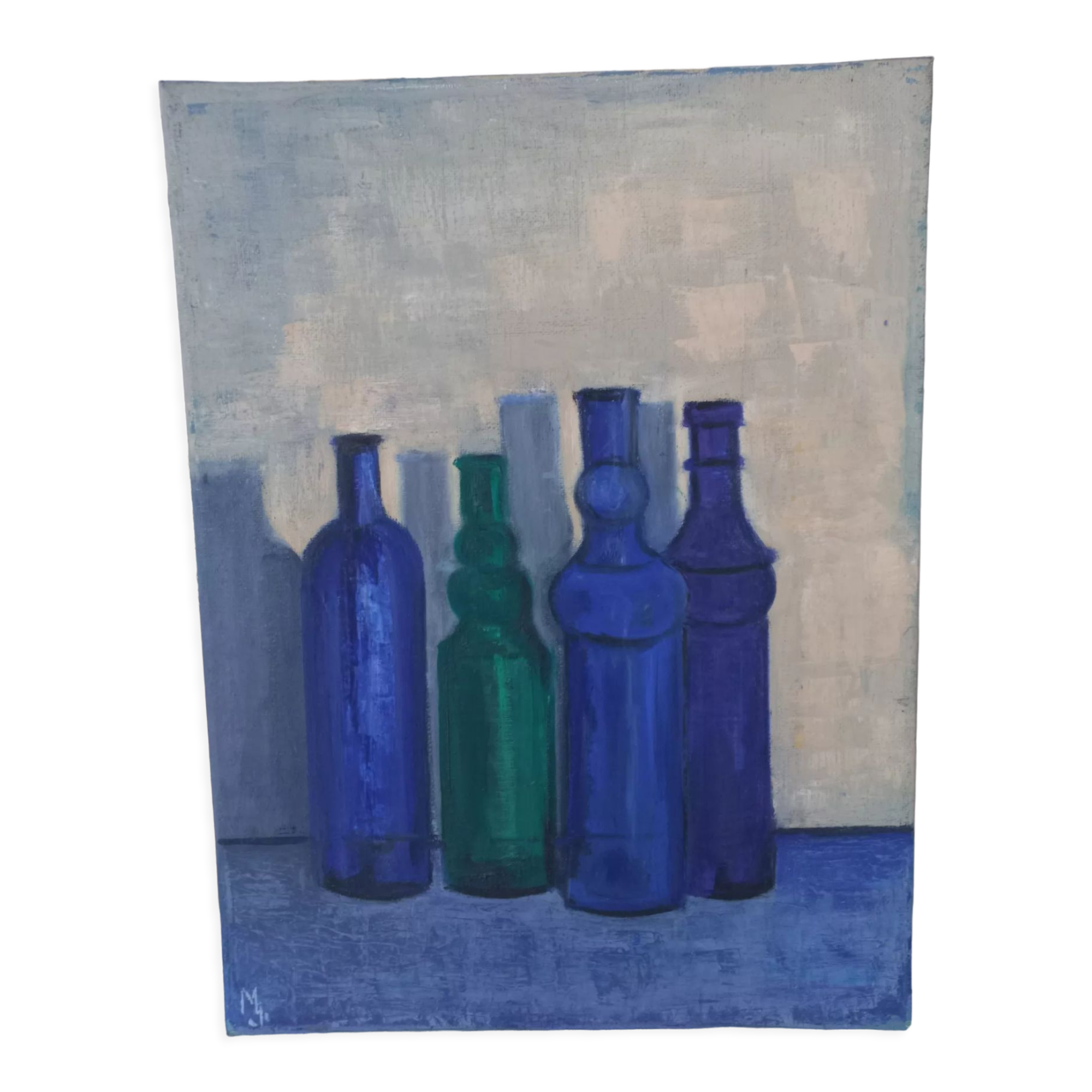 Still life on canvas bottles signed Majo Hilbey Poléo