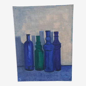 Still life on canvas bottles signed Majo Hilbey Poléo