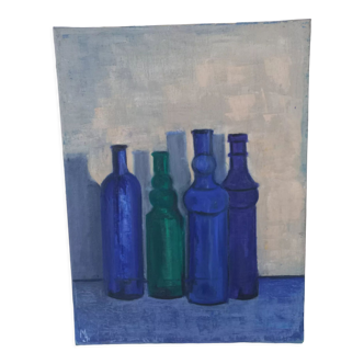 Still life on canvas bottles signed Majo Hilbey Poléo