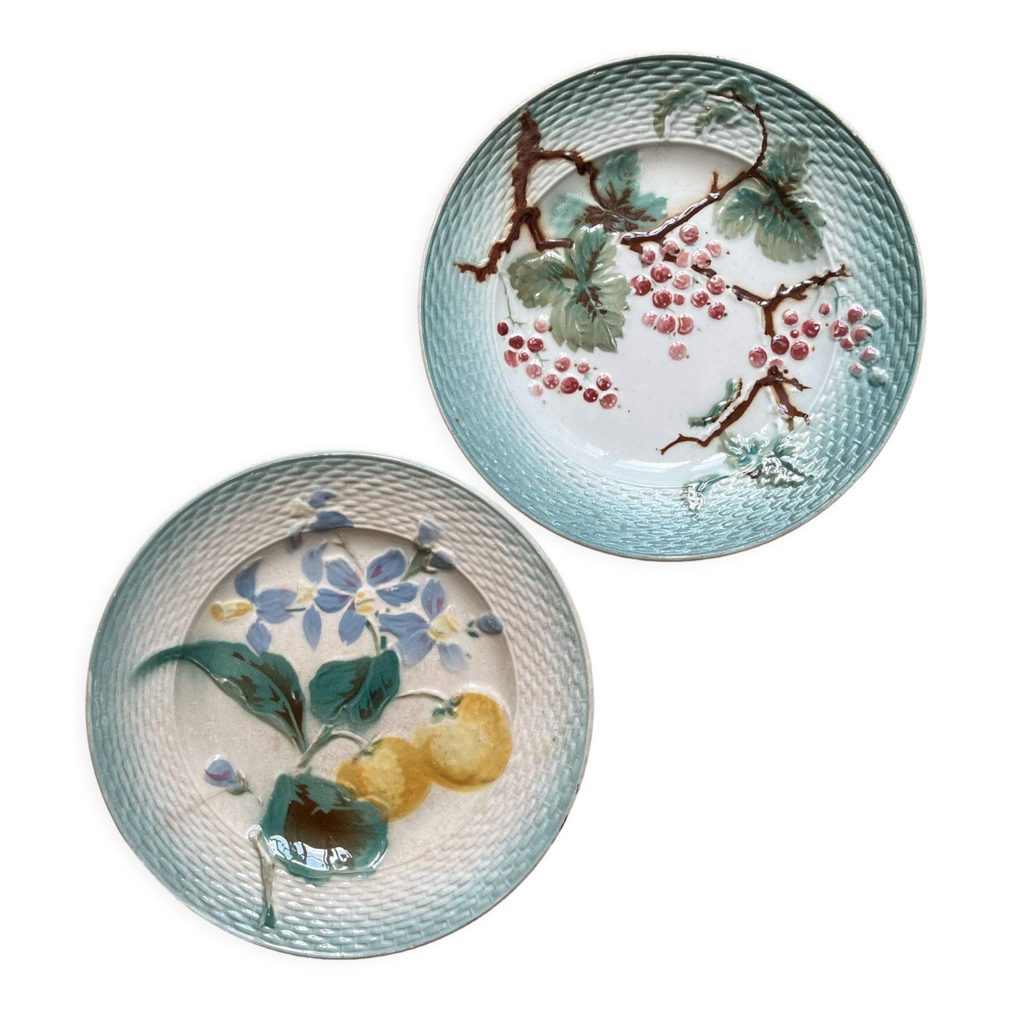 2 antique dessert plates in fruit slip Saint Amand and Hamage