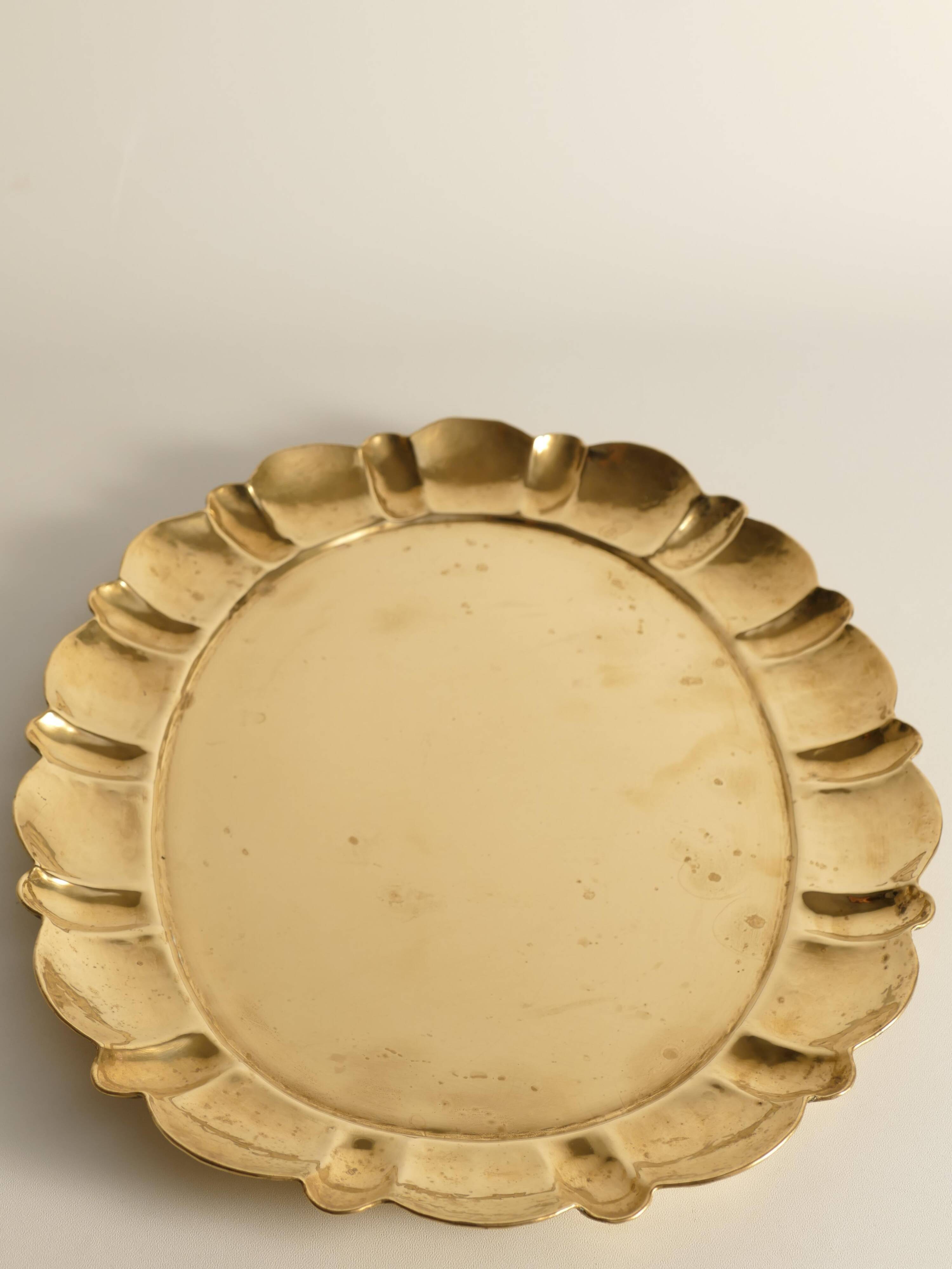 Hollywood Regency Large Oval Brass Tray by Firma Lars Holmström, Sweden 1940's