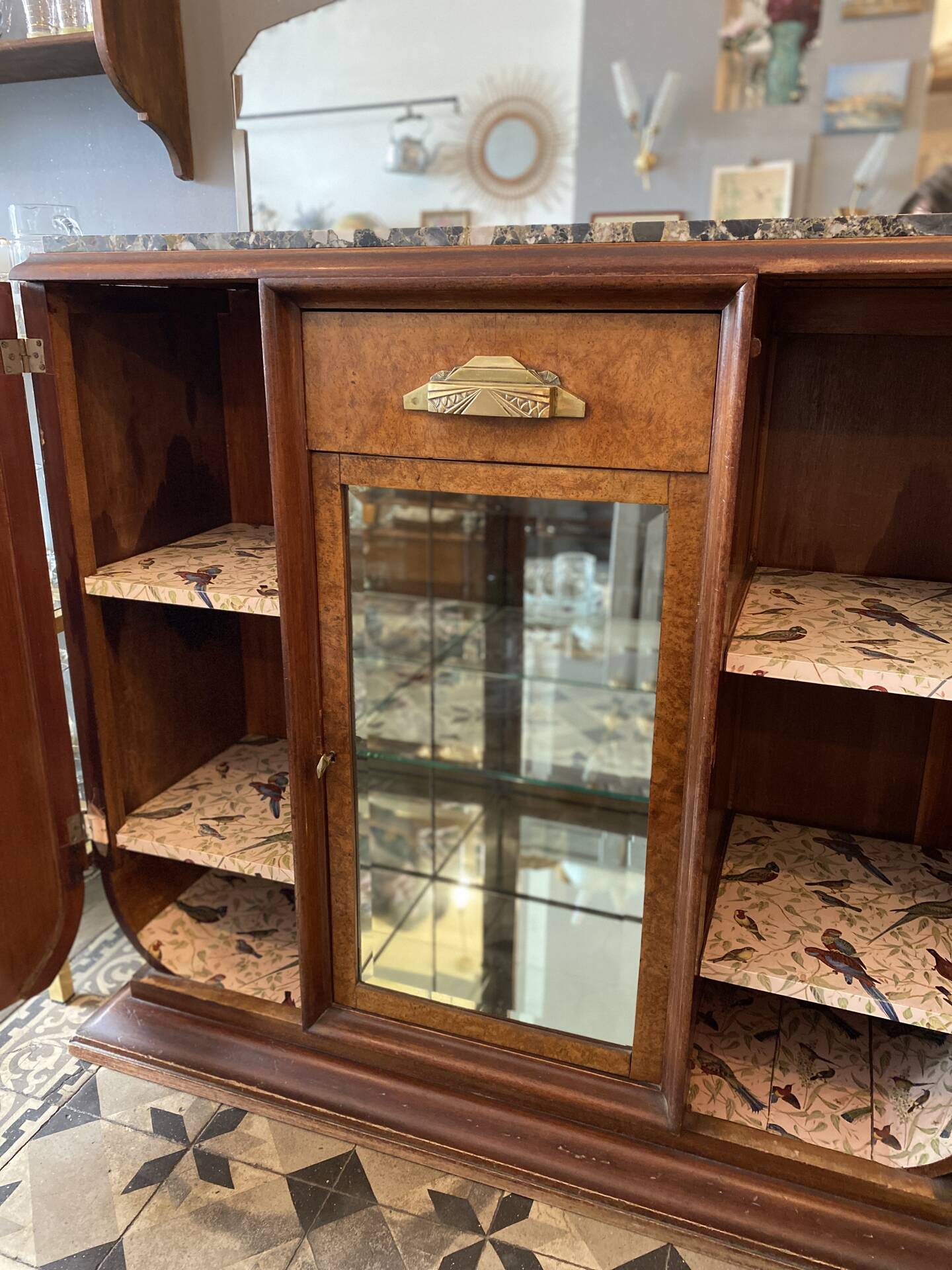 Art Deco wooden sideboard with mirror and marble