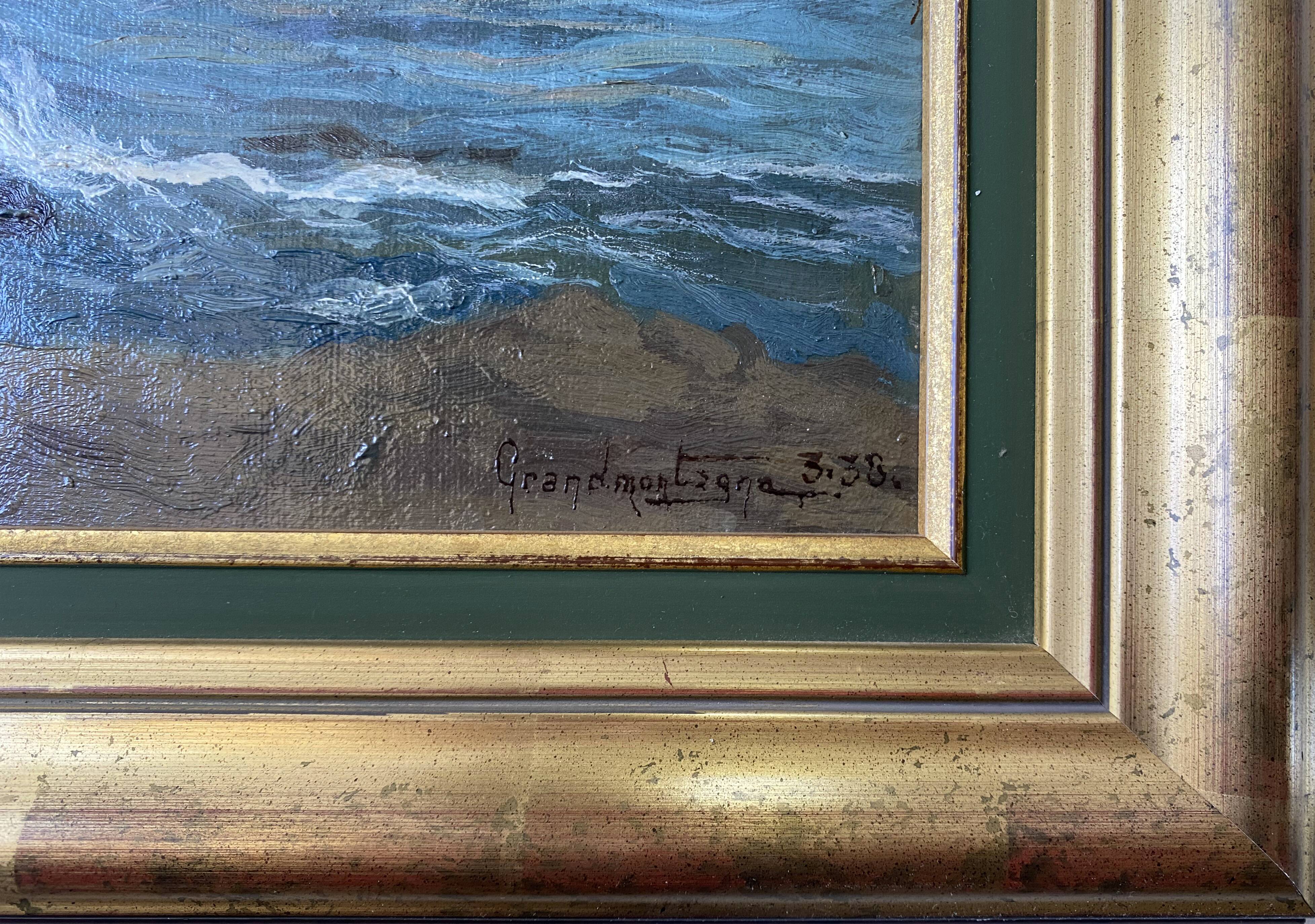 Painting Landscape Marine 1938 HST signed Grandmontagne + Orientalist frame