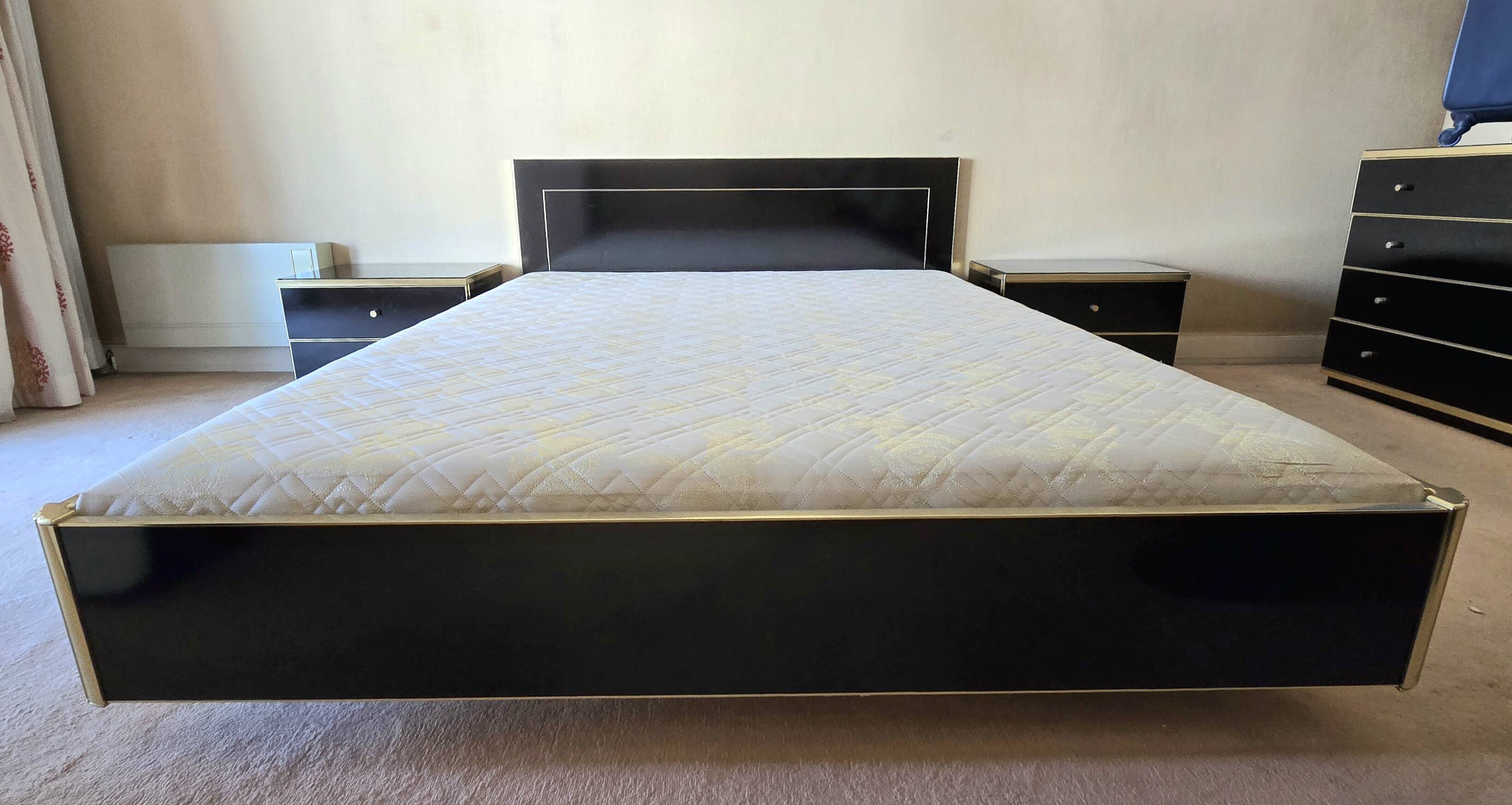 Black lacquered double bed with brass, Maison Roméo Paris, 1970s