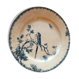 Round dish, opaque porcelain of Gien, provencal, blue bird
