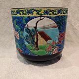 Beautiful large Longwy enamel cachepot with a cabin and chrysanthemum cartouche