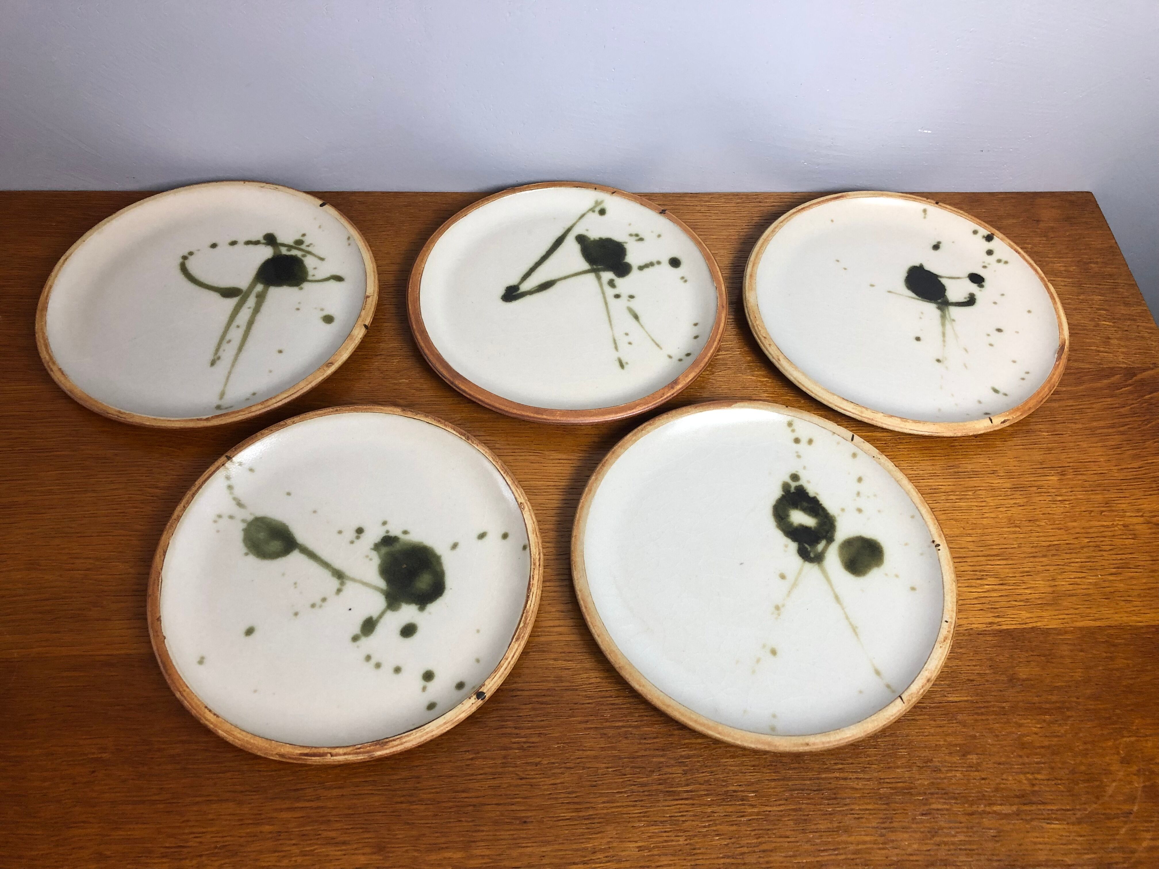 5 flat ceramic plates, La Colombe pottery