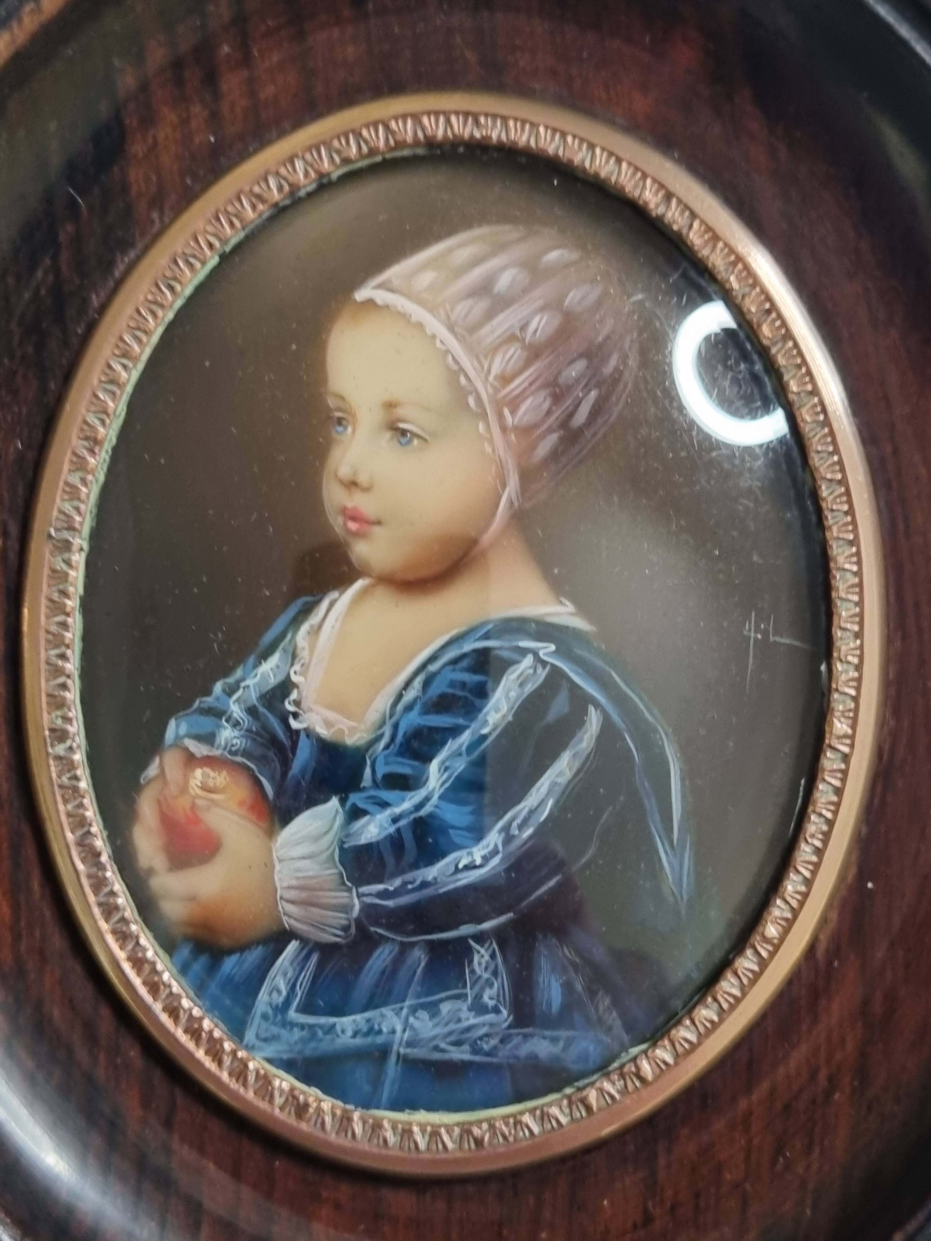 Painted miniature "Baby Stuart" after Van Dyck, wooden frame, signed, 11x13 cm.