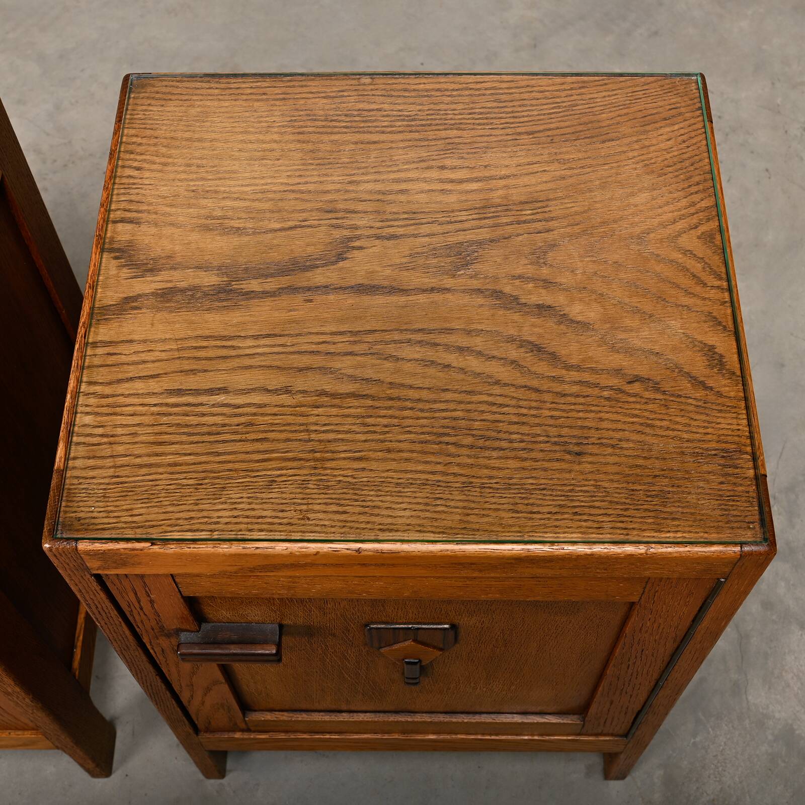 Art Deco Amsterdam School Nightstands pair in oak and glass, 1930s Netherla