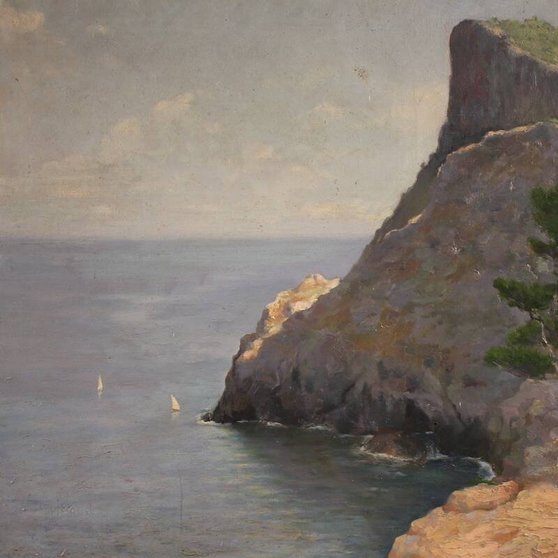 Peinture de paysage signée vue sur la mer, Espagne 20e siècle