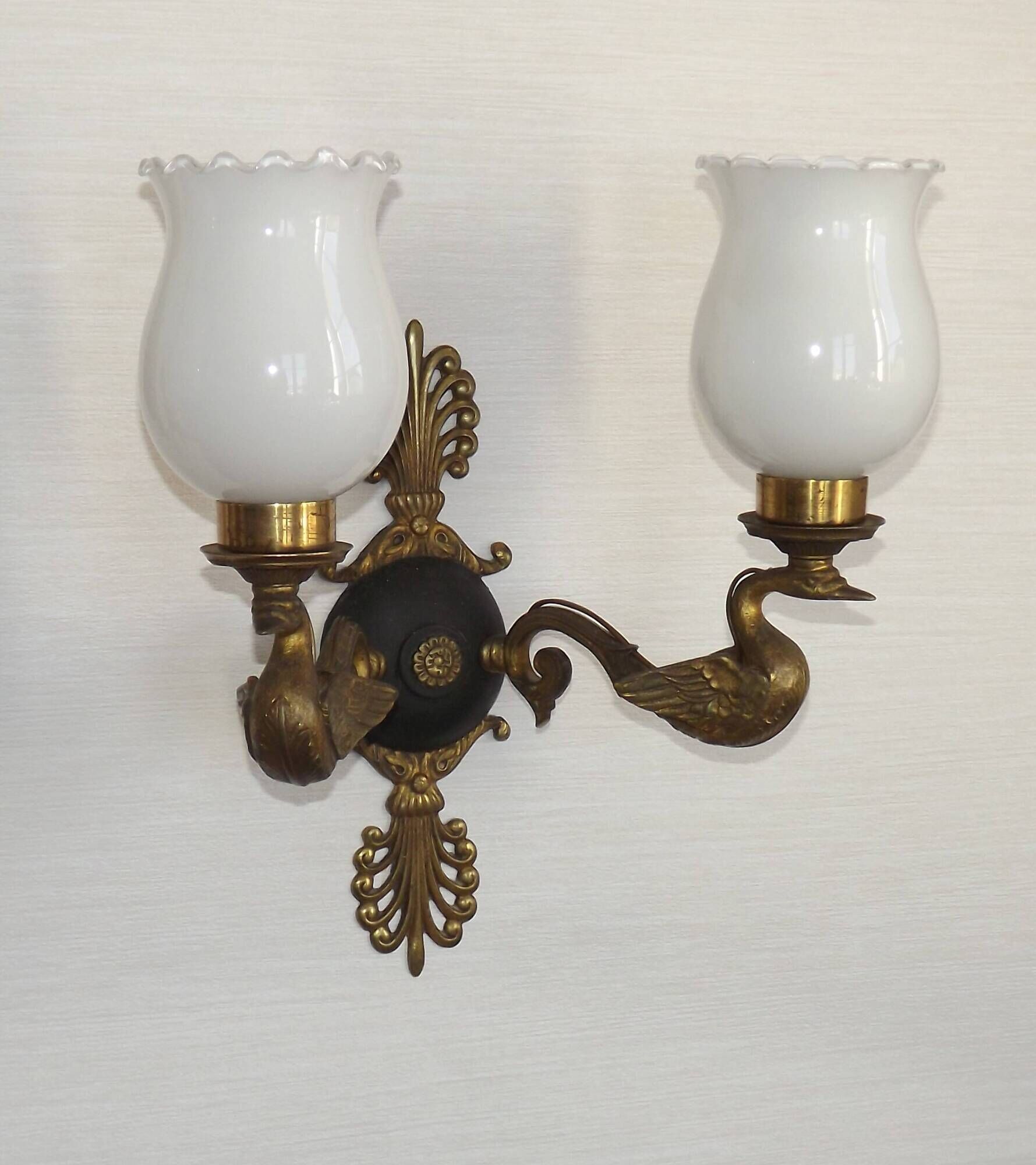 Pair Of Lucien Gau Style Double Swan Wall Lights With Opaque Glass Shades