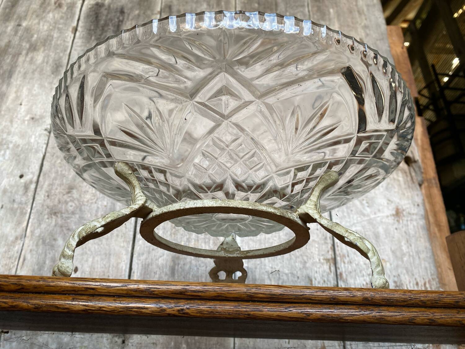 Antique fruit bowl centerpiece molded glass + vintage wrought iron