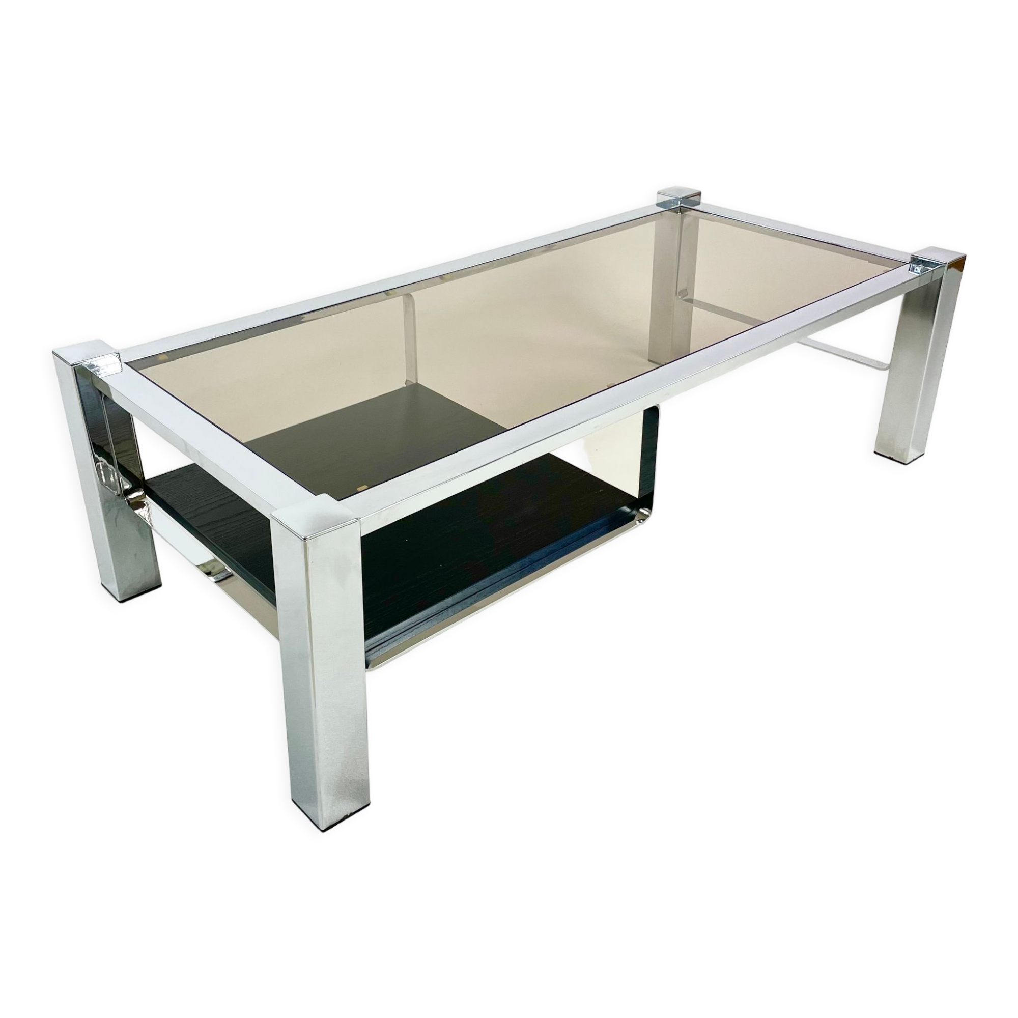 Belgo chrom chrome coffee table, smoked glass top and wooden undertray, circa 1980