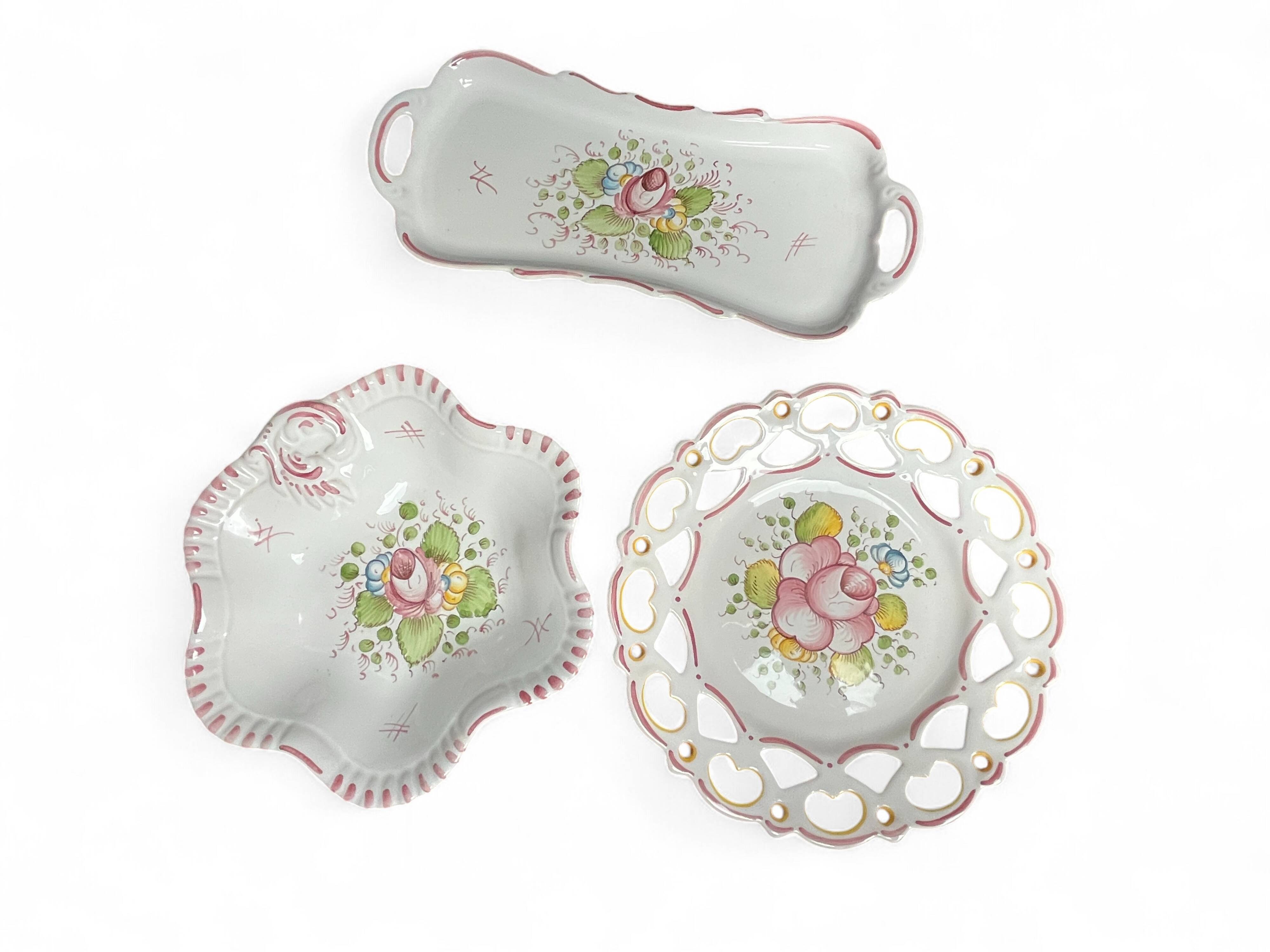 Set of three ceramics with floral decoration from Moustiers, 20th century