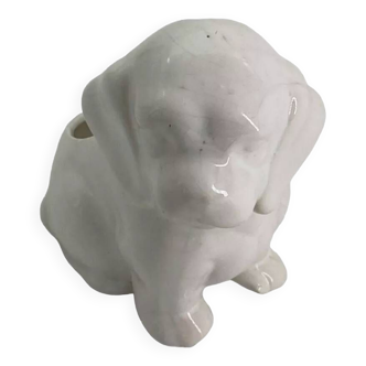 Cache pot chien en porcelaine blanc vintage