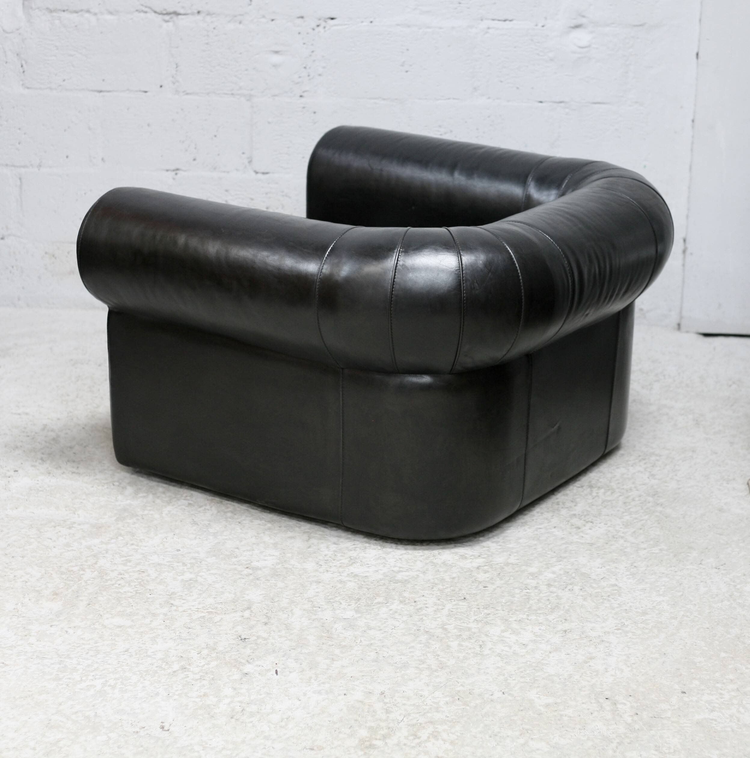 Large black leather armchair, France, 1980s