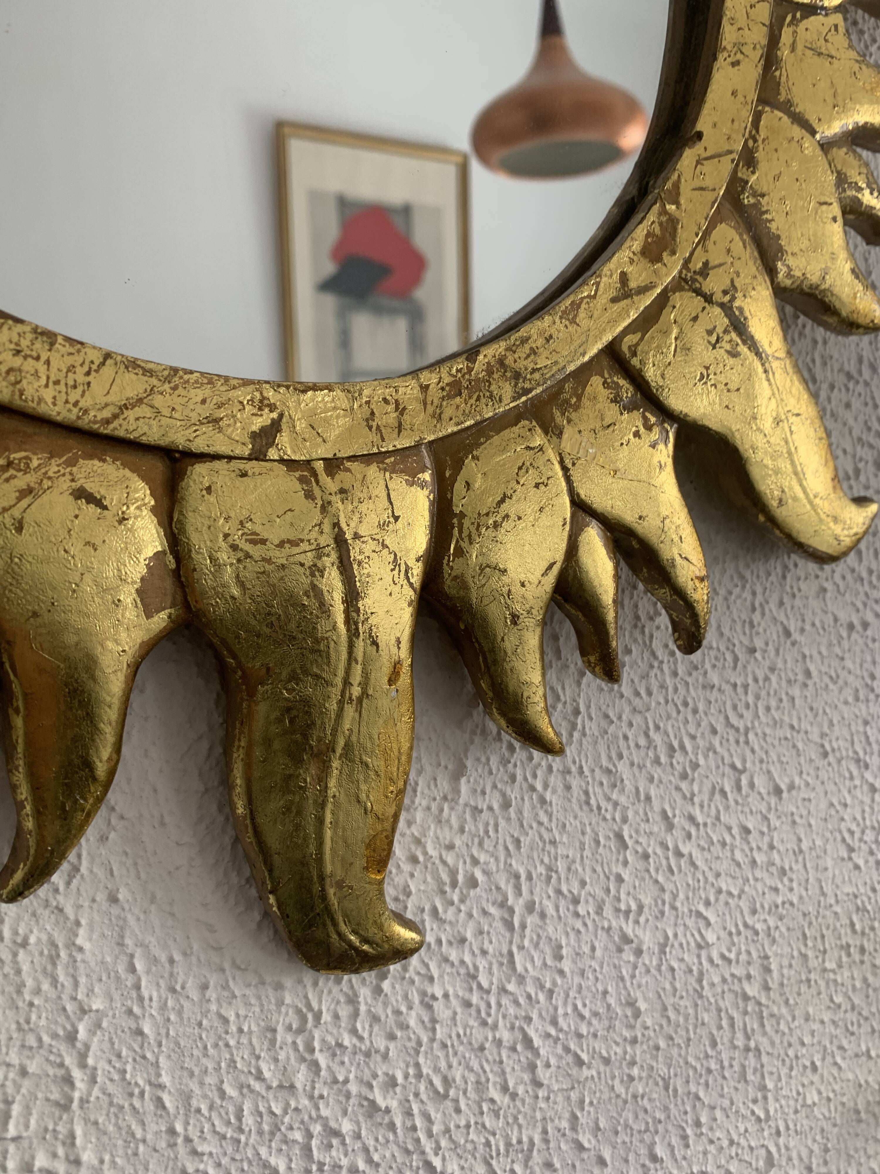 Vintage 1960s sunburst gold resin witch mirror - 49 cm