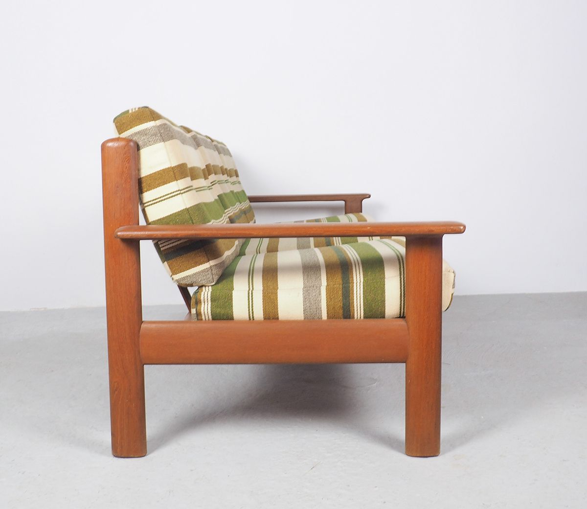 Danish design teak sofa with green striped cushions, 1960's