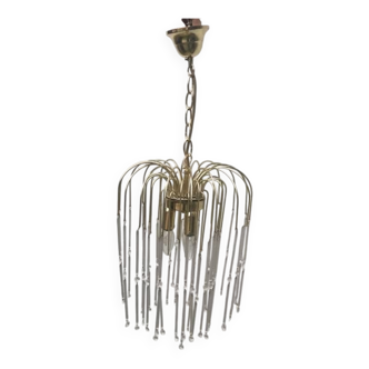 Vintage yellow chandelier in brass and Murano glass, 1970s, cascade style.