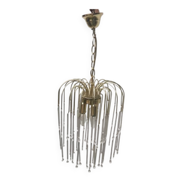 Vintage yellow chandelier in brass and Murano glass, 1970s, cascade style.