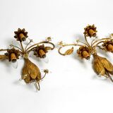 Pair of gold plated Italian 1980's floral Regency Murano glass sconces