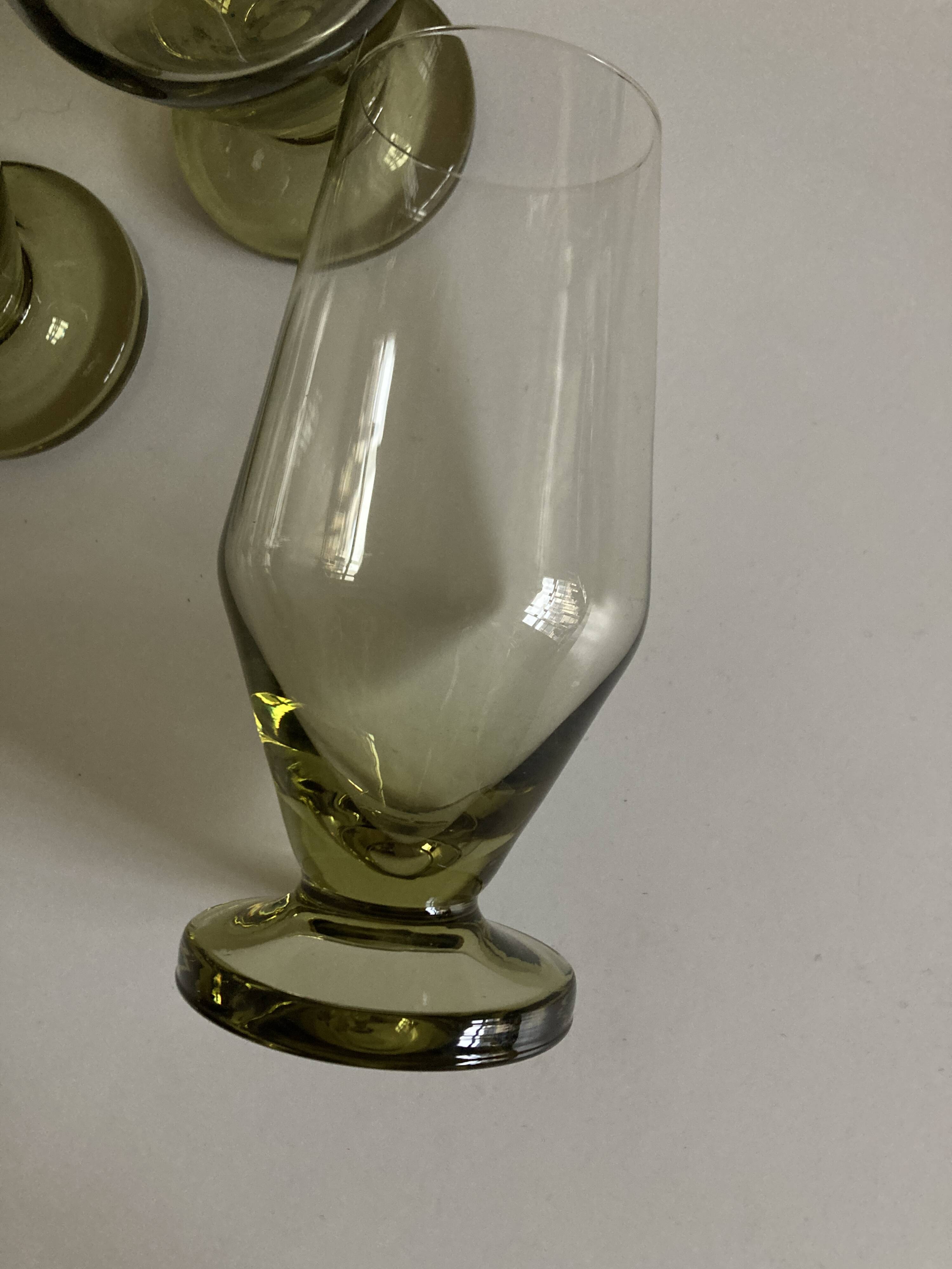 Set of 7 modernist lime green stemmed glasses 1950