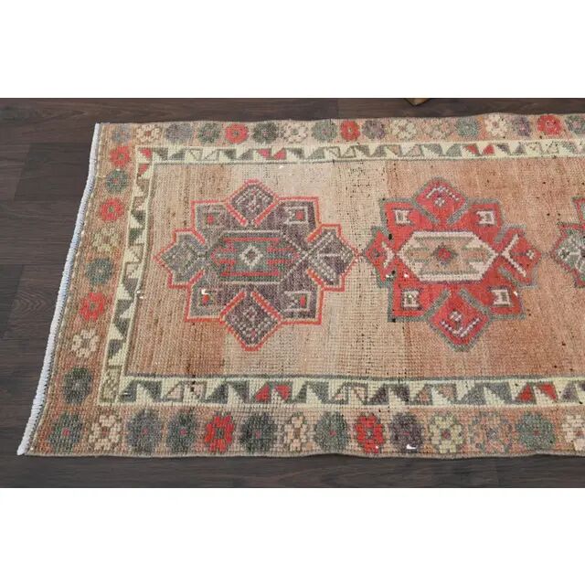 Vintage Turkish Oushak handmade wool cotton pink runner rug 79x372