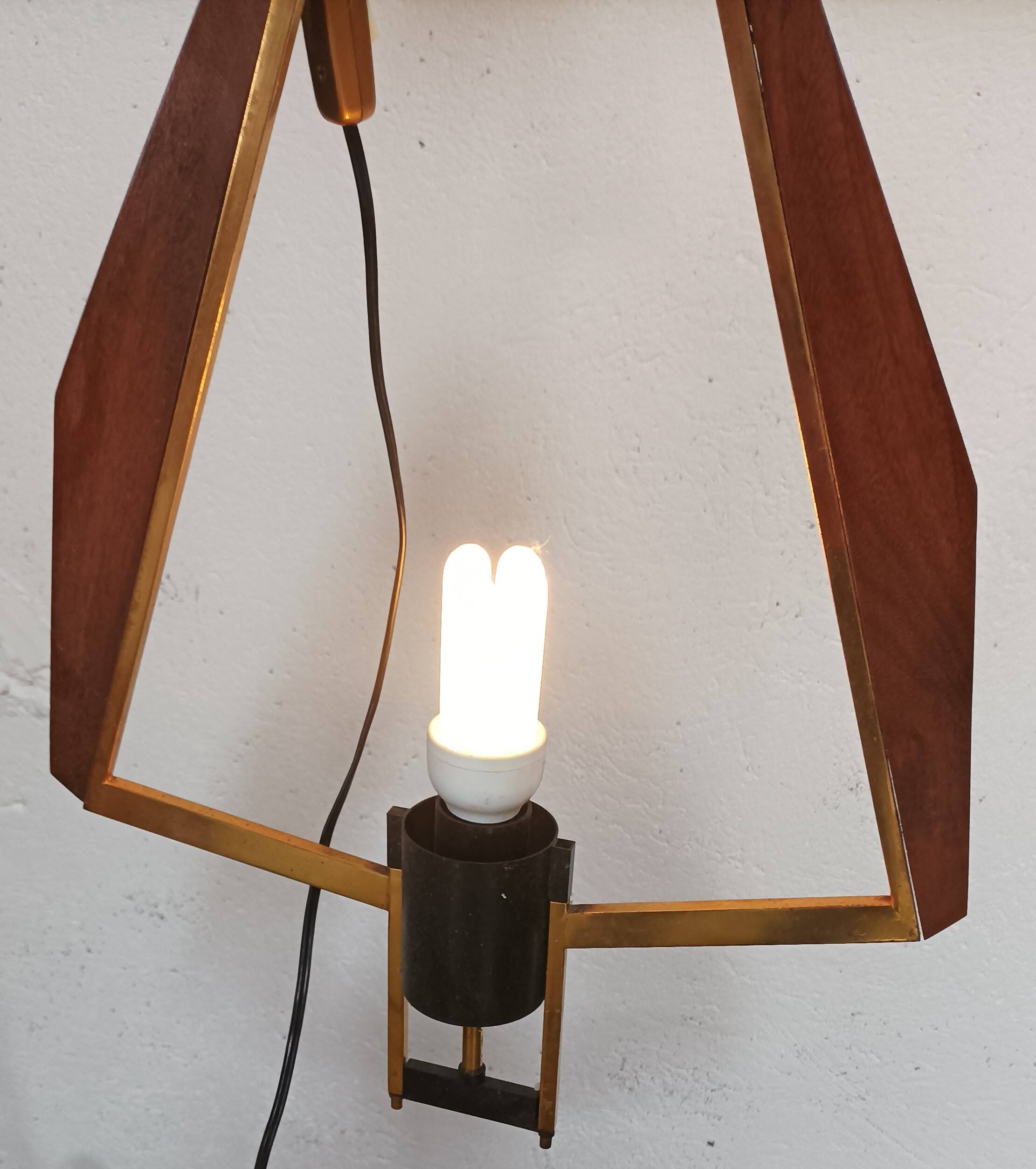 Teak, brass and opaline pendant light, Italy 1960