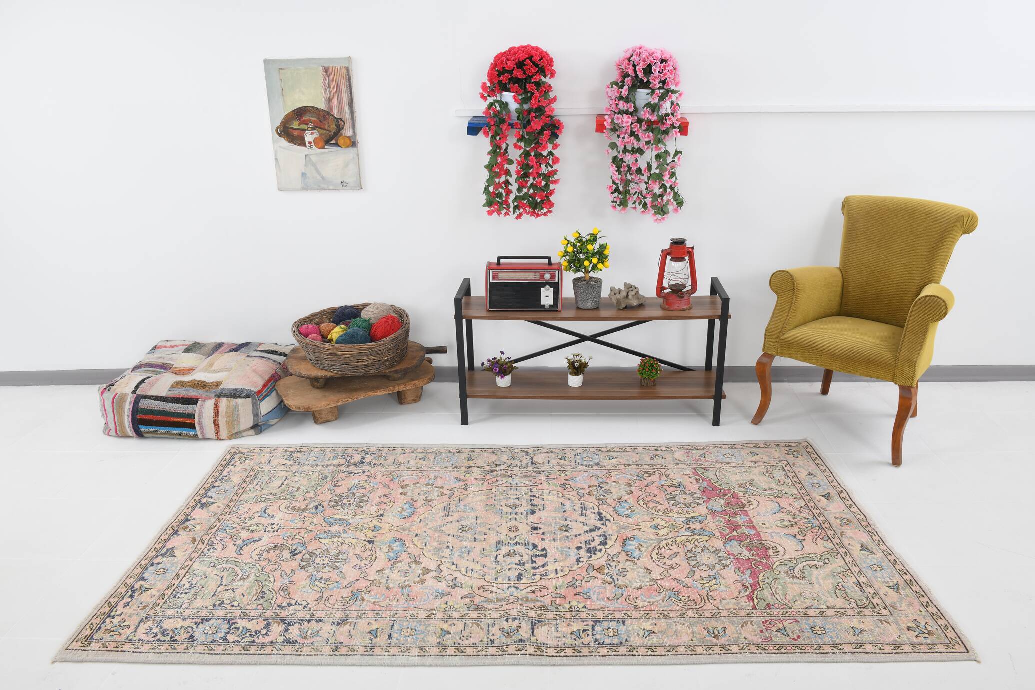 4x8 Pink & Navy Blue Vintage Rug 137x256Cm SK 6302