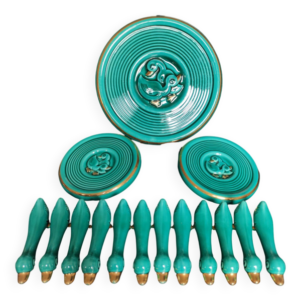 Service de table en céramique turquoise, années 40-50