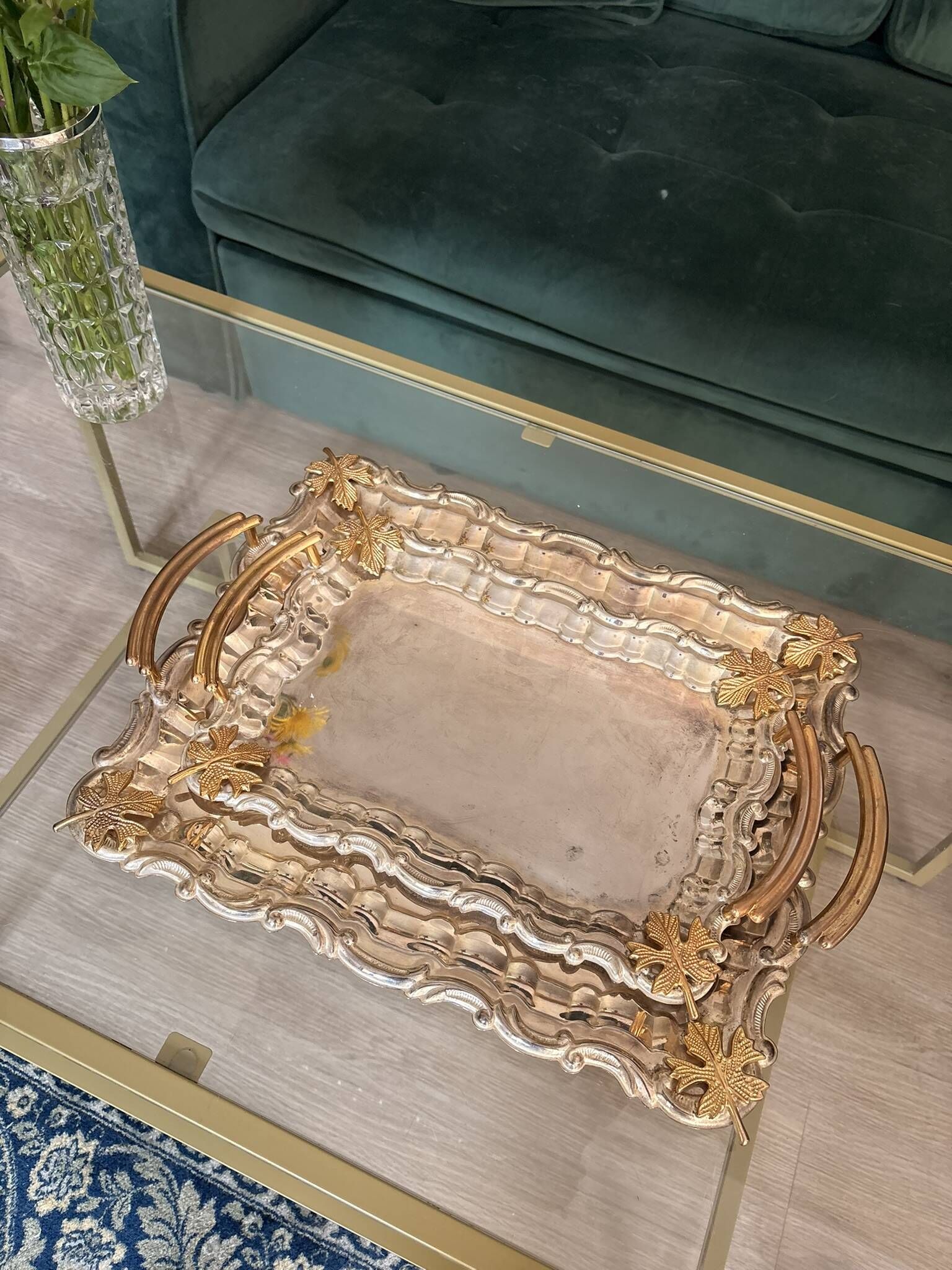 Pair of Nesting Tables Silver Metal Golden Decor Vine Leaf Maple