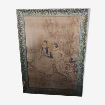 Ancient painted canvas in wooden frame dore