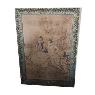 Ancient painted canvas in wooden frame dore