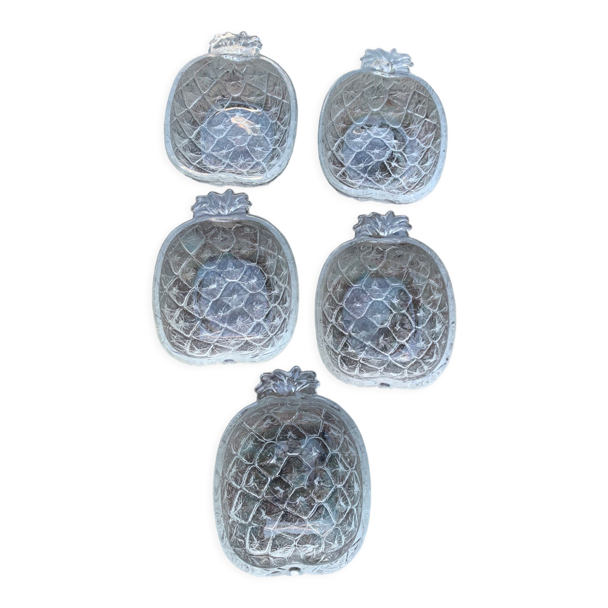 5 vintage transparent molded glass pineapple cups
