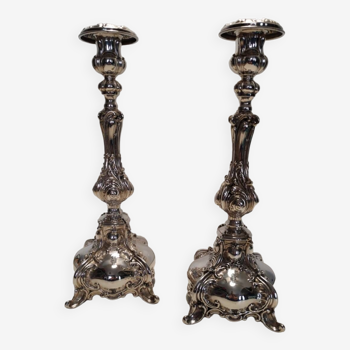 Pair of candlesticks entirely in solid 925 silver, baroque style.