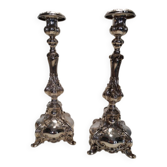 Pair of candlesticks entirely in solid 925 silver, baroque style.