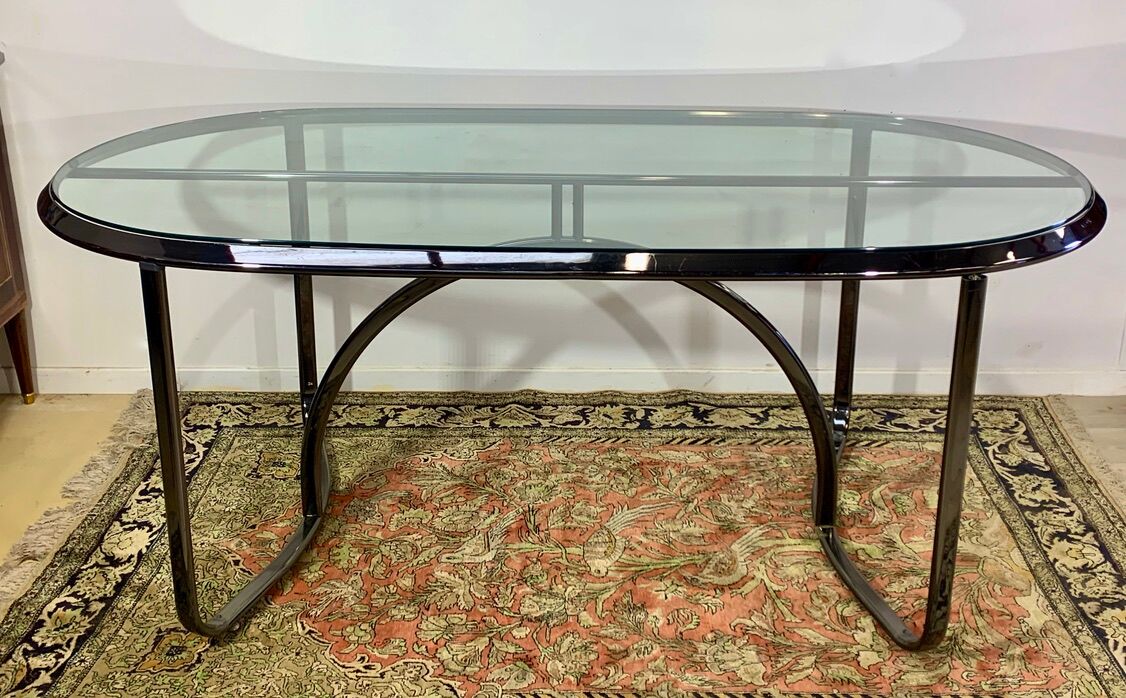 Glass and chrome steel table, design italy 1960