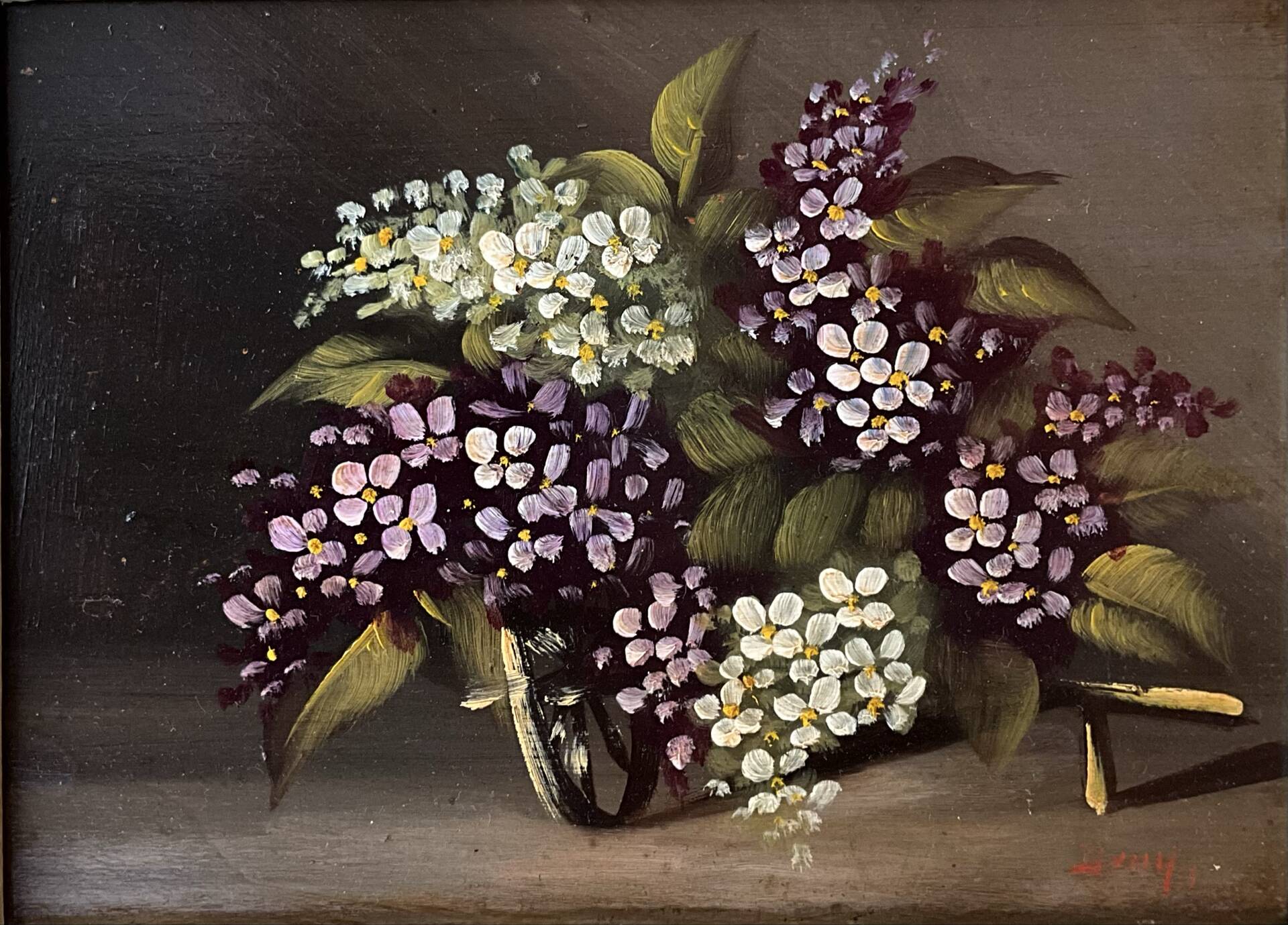 Huile sur panneau ancienne, bouquet de fleurs, cadre en bois sculpté d