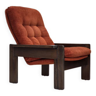 1970s, Danish armchair, orange/red furniture velour, dark oak wood.