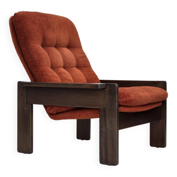 1970s, Danish armchair, orange/red furniture velour, dark oak wood.