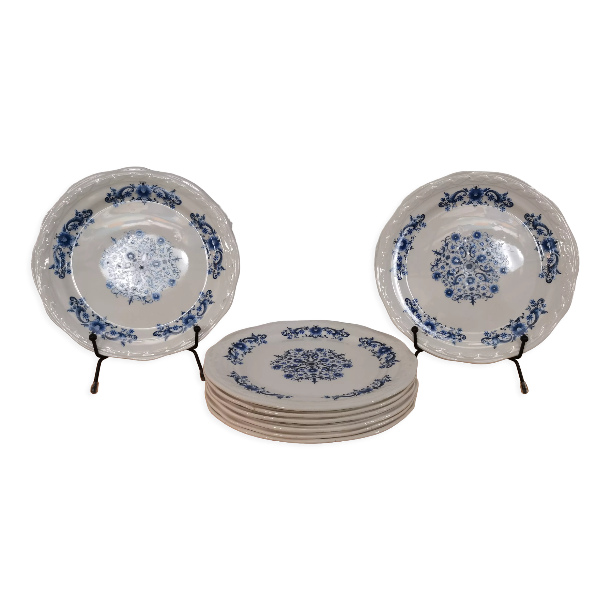 Set of 8 old dessert plates in French earthenware Moulin des Loups from the 50s