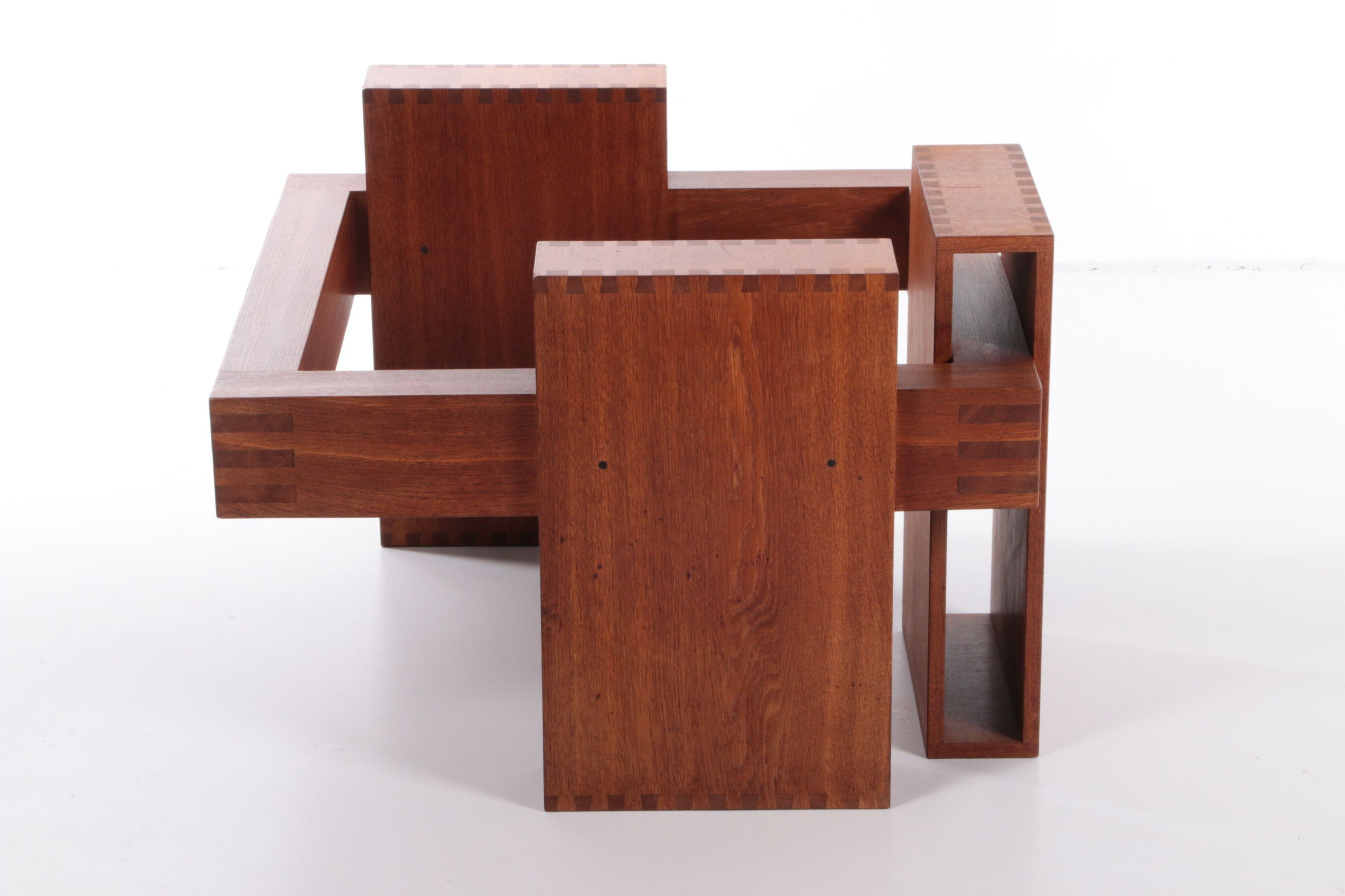 French Brutalist Design coffee table of teak with glass top, 1970